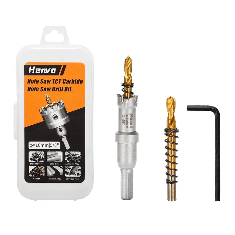 Henvo Hole Saw 5/8" (16mm) Heavy Duty Carbide with 2 Pilot Drill Bits - Metal Hole Cutter Cuts Stainless Steel, Iron, Copper, Brass, Plastic - Image 1